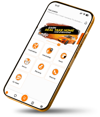 BBBring app interface showing food delivery and ride booking features in Australia